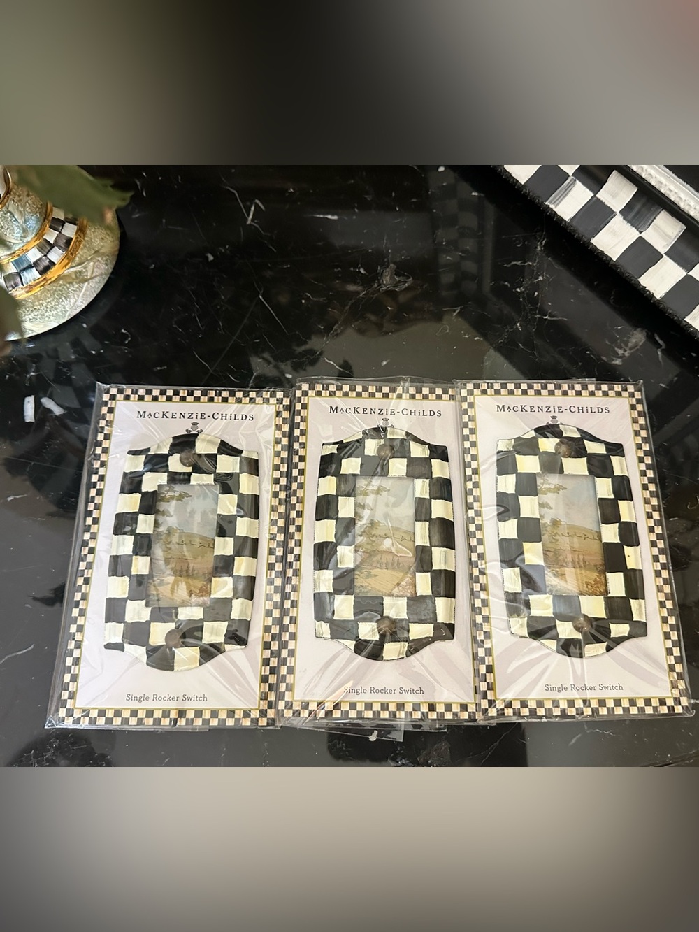 MacKenzie-Childs Black and White Courtly Checkered Outlet plate covers - NWT